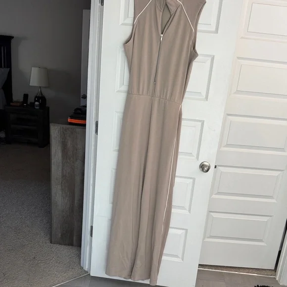 SPANX AirEssentials Sleeveless Wide-Leg Jumpsuit in Taupe with White Piping - Picture 4 of 9